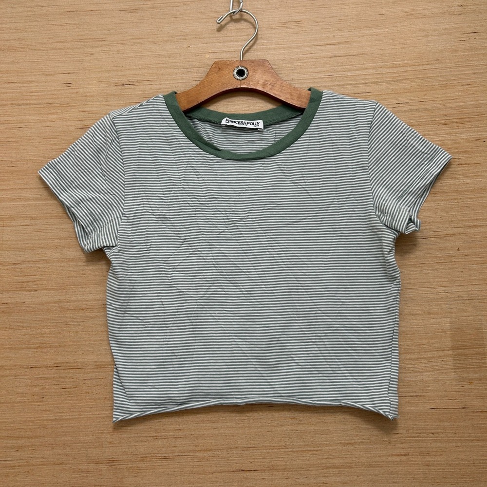 Princess Polly Sage Green White Striped Ringer Crop Top Tee US 6 Short Sleeve‎